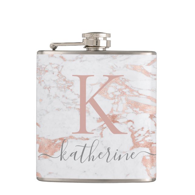 Stylish Chic Rose Gold Foil Marble Monogram Hip Flask (Front)