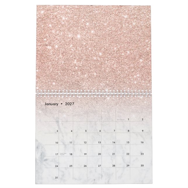 Stylish chic rose gold glitter ombre white marble calendar (Jan 2027)
