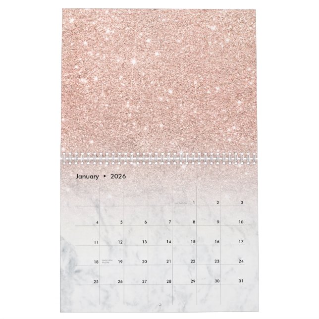 Stylish chic rose gold glitter ombre white marble calendar (Jan 2026)