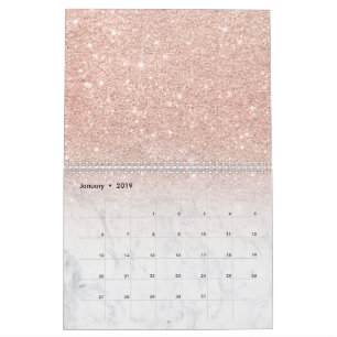 Stylish chic rose gold glitter ombre white marble calendar