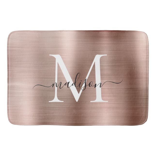 Stylish Chic Rose Gold Steel Metal Monogram Script Bath Mat (Front)