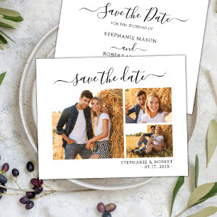 Stylish Chic Script 3 Photo Collage Wedding Save The Date