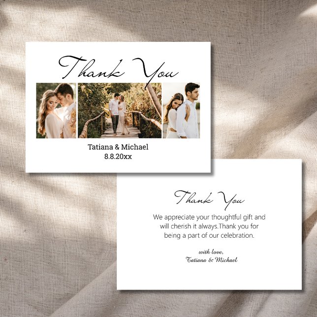 stylish chic script  3 photos wedding  thank you card (Creator Uploaded)