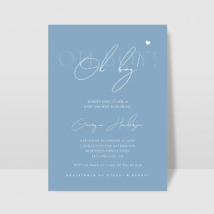Stylish Chic Script Oh Boy Heart Blue Baby Shower Invitation