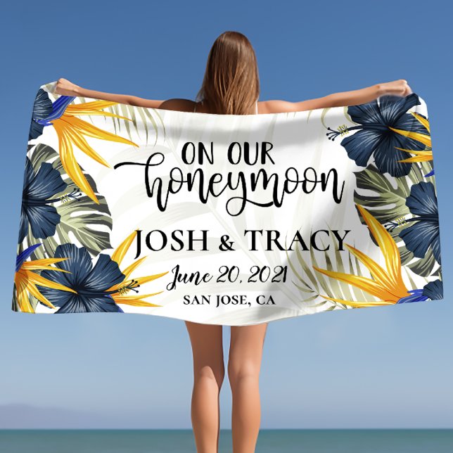 Stylish Chic Tropical Personalised Newlyweds  Beach Towel (Stylish Chic Tropical Personalized Newlyweds Beach Towel)