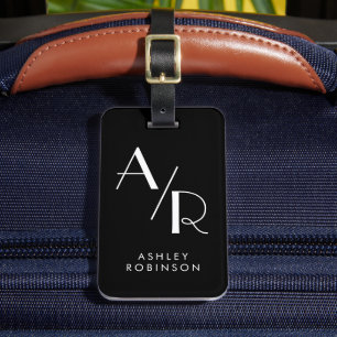 Stylish Chic Two Monogram Initial Black Luggage Tag