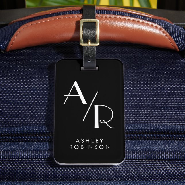 Stylish Chic Two Monogram Initial Black  Luggage Tag (Front Insitu 2)