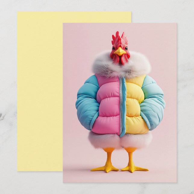 Stylish Chicken in Colourful Winter Puffer Jacket Invitation (Front/Back)