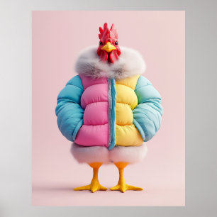 Stylish Chicken in Colourful Winter Puffer Jacket Poster