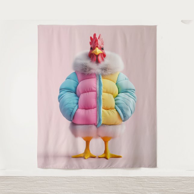 Stylish Chicken in Colourful Winter Puffer Jacket Tapestry (Front)