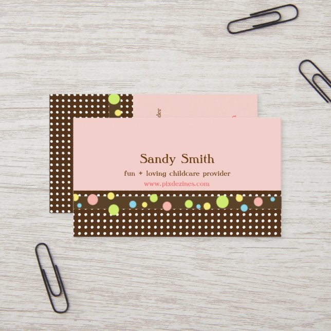 Stylish childcare Colourful Polka Dots Business Card (Front/Back In Situ)
