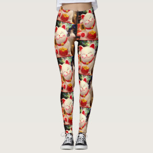 Stylish Chinese Good Luck Waving White Cat Photo Leggings