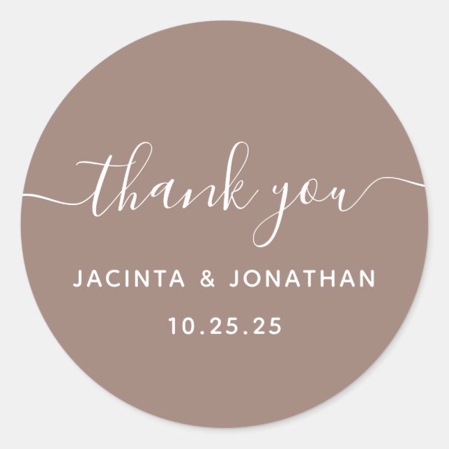 Stylish Choc Brown Wedding Thank you Sticker (Front)