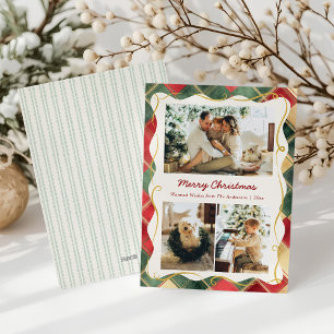 Stylish Christmas 3 Photo Red Green Plaid Pattern Holiday Card
