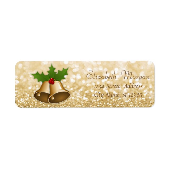 Stylish Christmas Bells Holly  Branches,Glittery Return Address Label (Front)