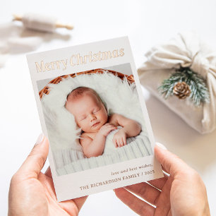 Stylish Christmas   Black and White One Photo Gold Foil Holiday Card