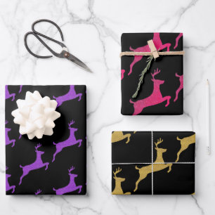 Stylish Christmas Colour  Glitter Reindeer On Blac Wrapping Paper Sheet