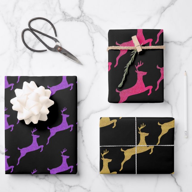 Stylish Christmas Colour  Glitter Reindeer On Blac Wrapping Paper Sheet (Front)