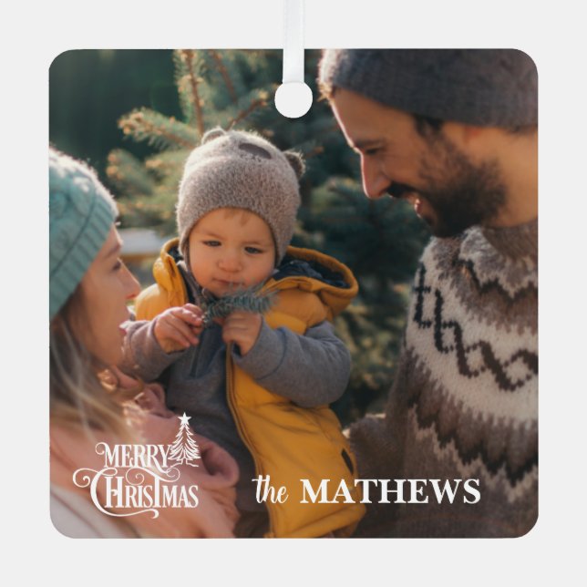 Stylish Christmas Family Photo Metal Tree Decoration (Front)