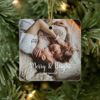 Stylish Christmas Merry Bright Family Photo Ceramic Ornament