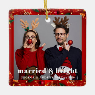 Stylish Christmas Minimal Fun Couple Photo Ceramic Ornament