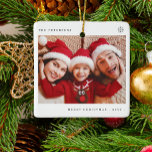 Stylish Christmas minimal fun photo family Ceramic Ornament<br><div class="desc">Simple minimalist typography Merry Christmas custom photo,  family name,  and year tree ornament.</div>
