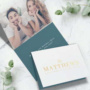 Stylish Christmas   Minimal Teal Fun Couple Photo  Foil Card