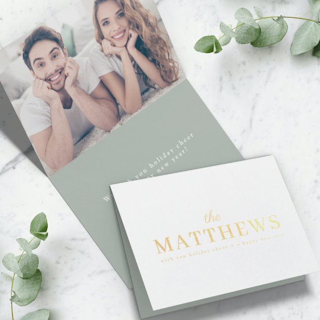 Stylish Christmas | Modern Sage Green Couple Photo Foil Card (Creator Uploaded)