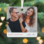 Stylish Christmas | Modern Trendy Couple Photo Metal Tree Decoration<br><div class="desc">A stylish holiday photo ornament with modern typography “Merry Christmas" in red and handwritten script typography for the couples name(s) on a clean simple minimalist white background. The photo, name and greeting can be easily customised for a personal touch. A simple, minimalist and contemporary christmas design to stand out this...</div>