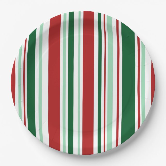 Stylish Christmas Party Red, Green, White Stripes Paper Plate (Front)