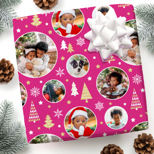 Stylish Christmas Photo Collage Trees Pink Wrapping Paper