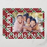Stylish Christmas Plaid Photo Foil Holiday Card<br><div class="desc">Christmas photo cards feature your favourite photo on a beautiful Christmas holiday sparkly plaid with Merry Christmas and the year in real silver,  gold or rose gold foil on the front. Your personal greeting and names on the back.</div>