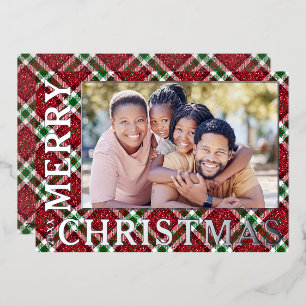 Stylish Christmas Plaid Photo Foil Holiday Card