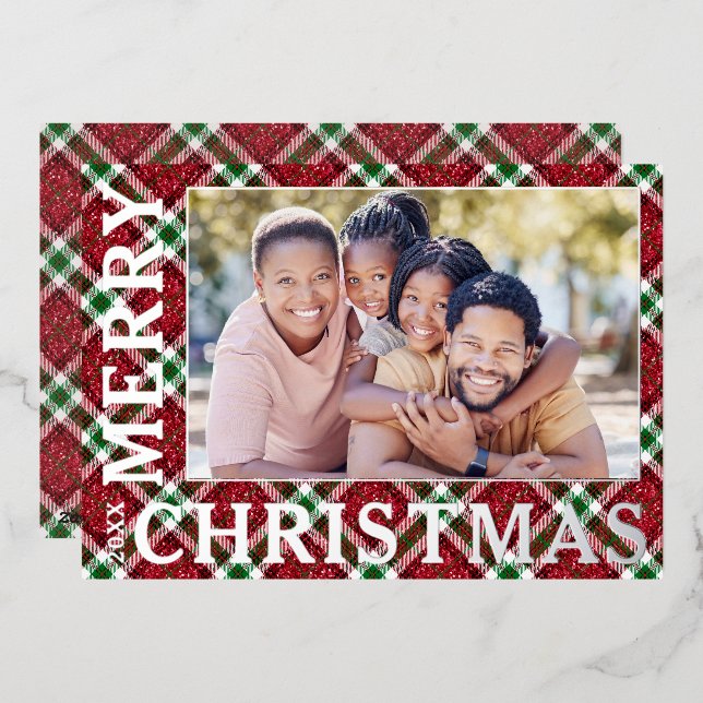 Stylish Christmas Plaid Photo Foil Holiday Card (Front/Back)