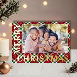 Stylish Christmas Plaid Photo Foil Holiday Card