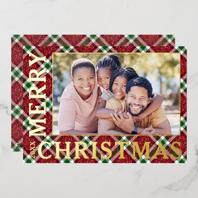 Stylish Christmas Plaid Photo Foil Holiday Card (Front/Back)