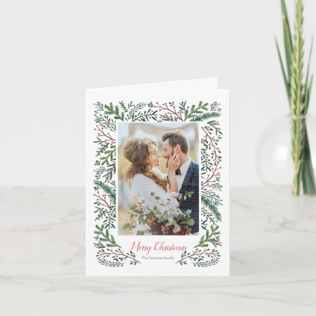 Stylish Christmas red Green Pine Tree wreath Photo Holiday Card (Front)