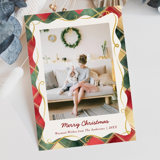 Stylish Christmas Red Green Plaid Pattern 1 Photo Holiday Card (Creator Uploaded)