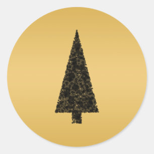 Stylish Christmas Tree. Black and Gold. Classic Round Sticker