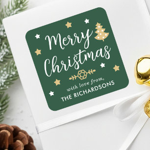 Stylish Christmas Tree Editable Name Forest Green Square Sticker