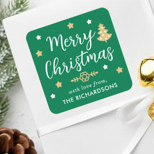 Stylish Christmas Tree Editable Name Green Square Sticker