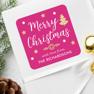 Stylish Christmas Tree Editable Name Pink Square Sticker