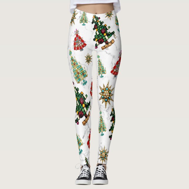 Stylish Christmas Tree Jewel Pattern White  Leggings (Front)