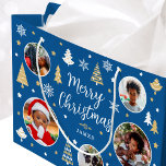 Stylish Christmas Trees Photo Name Blue Large Gift Bag<br><div class="desc">Make your gift extra special with this personalised gift bag. There are five photos for you to replace with your own family,  friends or pets! A stylish holiday design featuring festive Christmas trees,  snowflakes and stars in blue,  white and gold colour.</div>