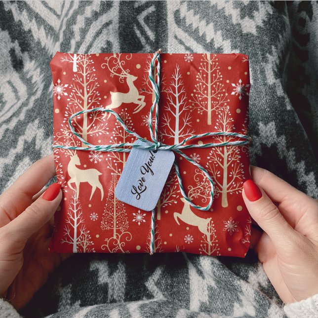 Stylish Christmas trees reindeers red Wrapping Paper (Creator Uploaded)