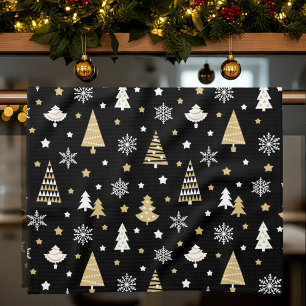 Stylish Christmas Trees Snowflakes Black Tea Towel