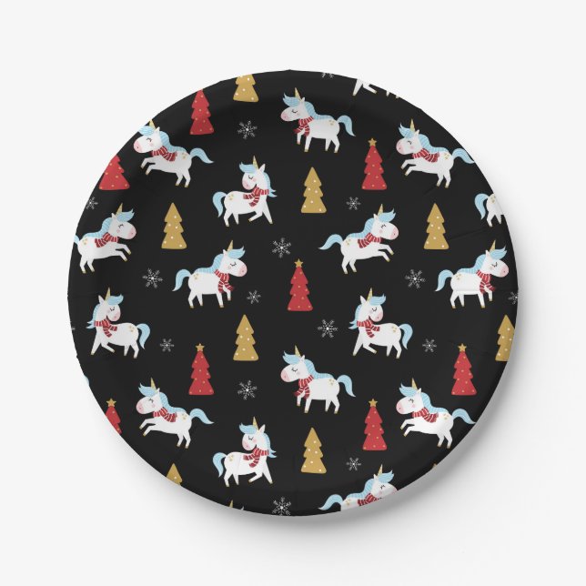 Stylish Christmas Unicorns Winter Snowflakes Trees Paper Plate (Front)