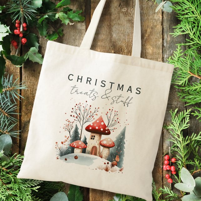 Stylish Christmas Winter Woodland Mushrooms Tote Bag (Creator Uploaded)