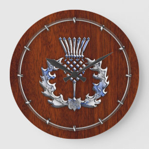 Stylish Chrome and Mahogany Wood Scottish Thistle Large Clock