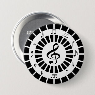 Stylish circular black white musical notes design 7.5 cm round badge